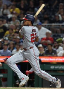 Apr 13, 2026; Pittsburgh, Pennsylvania, USA; Washington Nationals right fielder James Wood (29) hits a single against the Pittsburgh Pirates during the seventh inning at PNC Park. Mandatory Credit: Charles LeClaire-Imagn Images